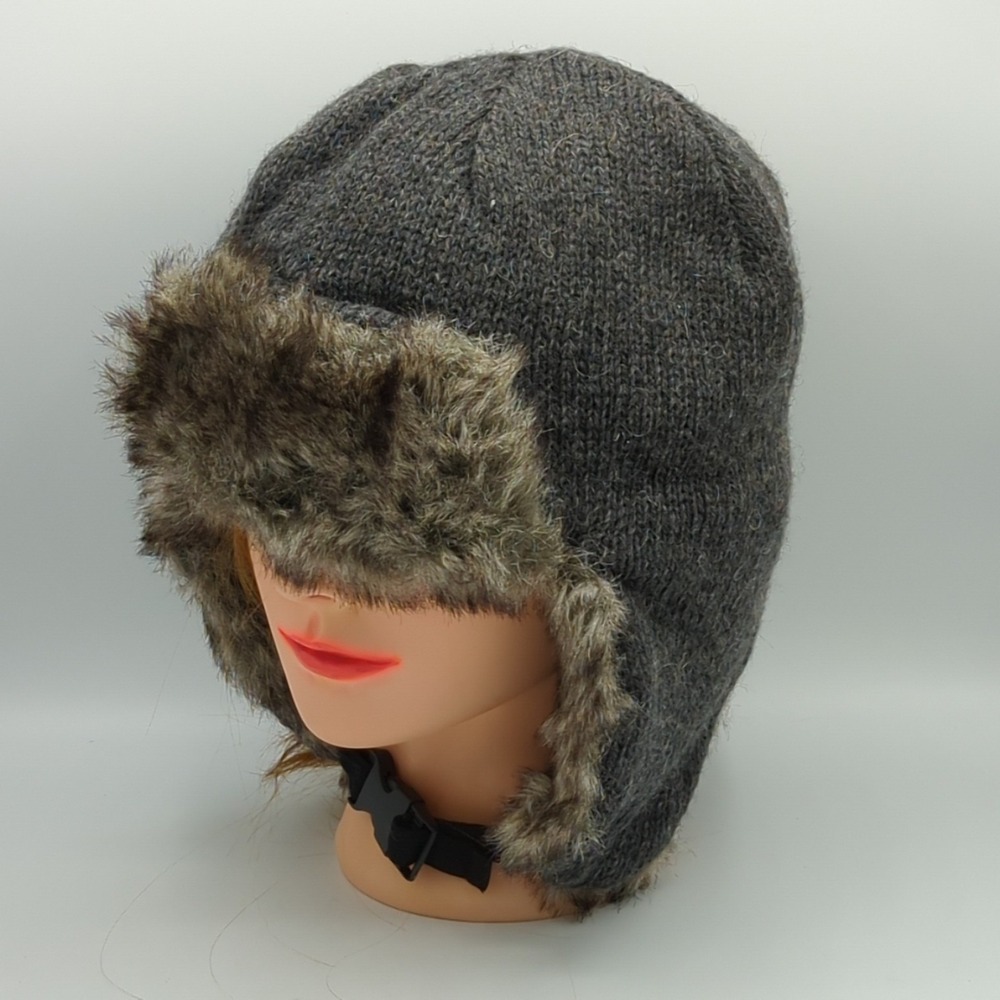 London Fog Men's Gray Trapper Hat Wool Blend Faux Fur Ear Flaps Winter OSFM